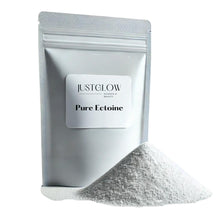 Load image into Gallery viewer, JustGlow cosmetic-grade Ectoine powder in a resealable white pouch for skincare formulation