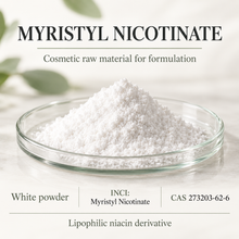 Load image into Gallery viewer, White myristyl nicotine powder piled in a clear glass petri dish, with text reading 'MYRISTYL NICOTINATE' and additional product details on a soft light background.
